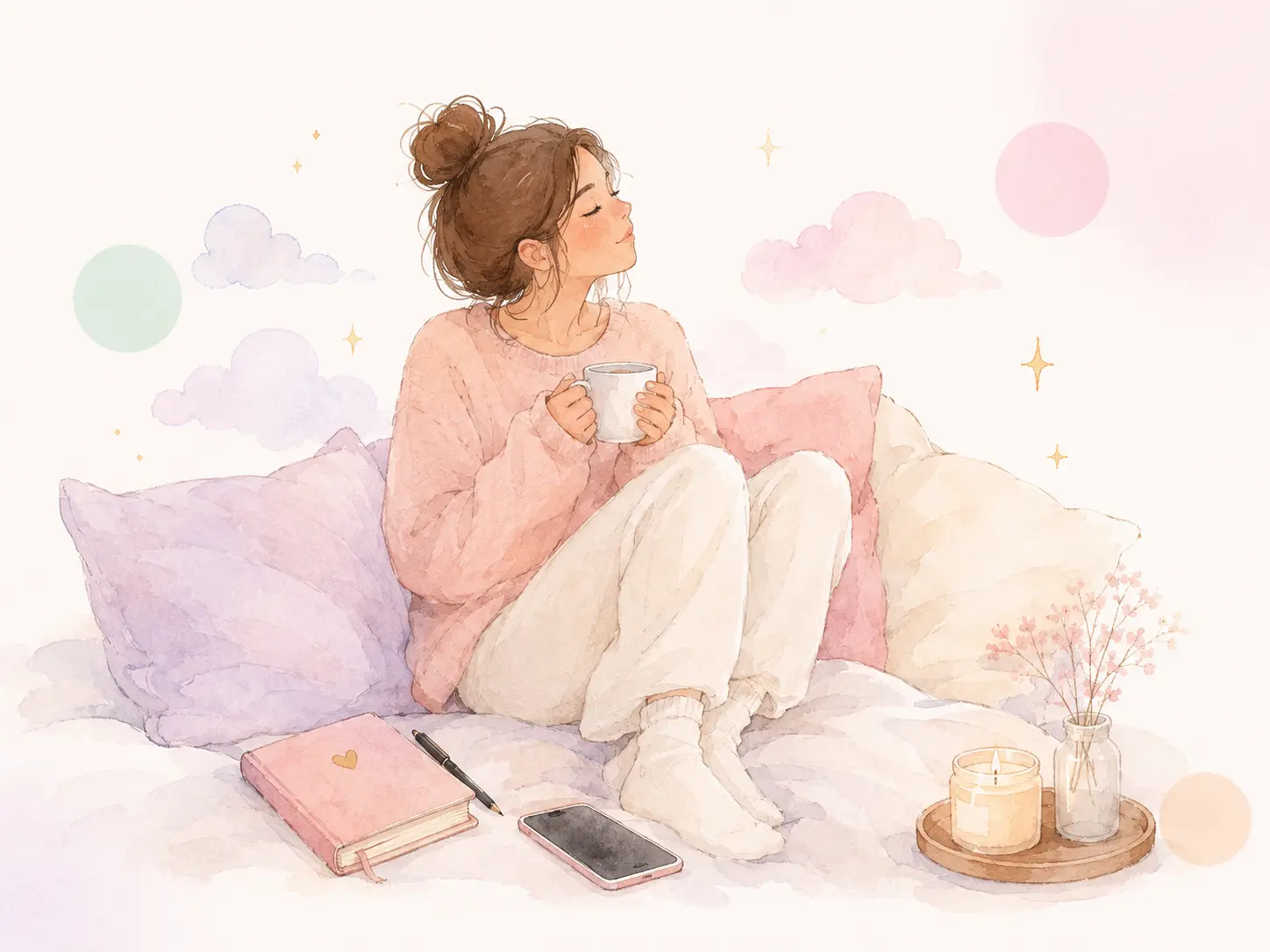 Woman sitting peacefully with tea and a journal — your healing companion