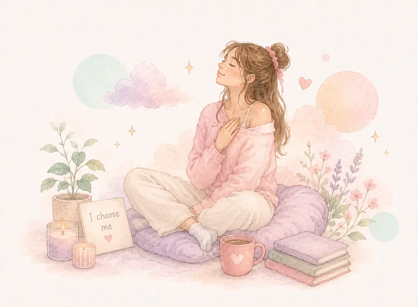 Woman sitting peacefully with candles, flowers and a note reading I choose me