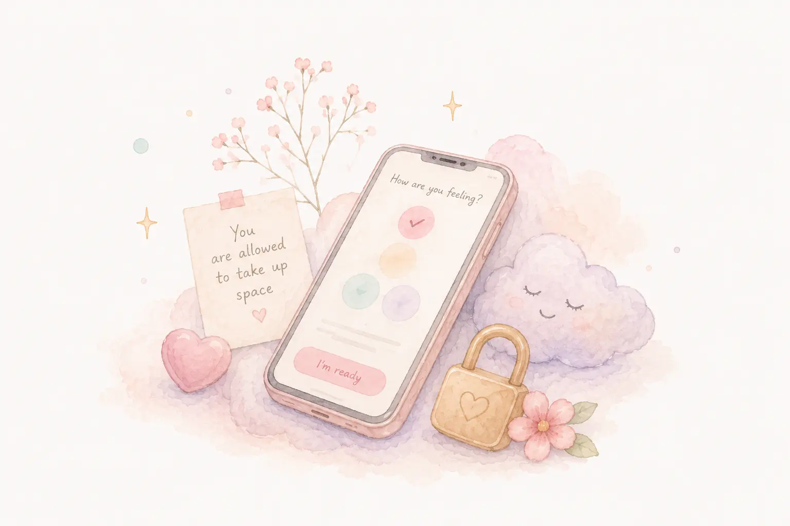Phone showing a mood check-in screen with an affirmation note
