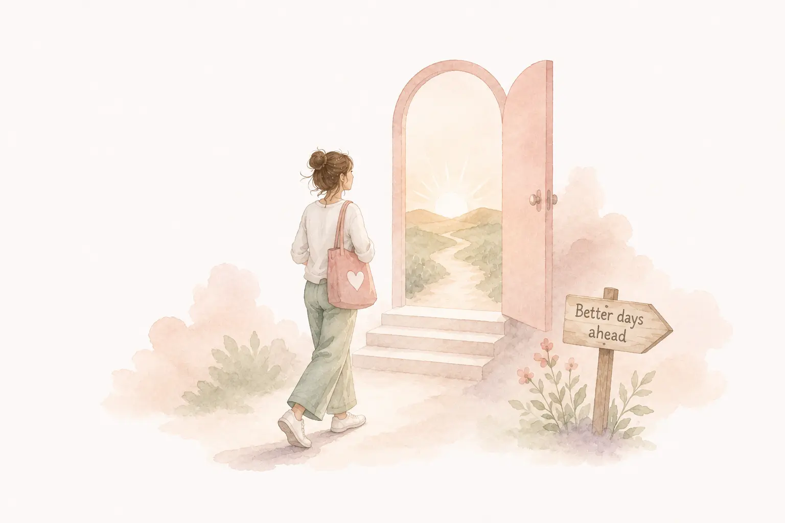 Woman walking towards an open door — better days ahead