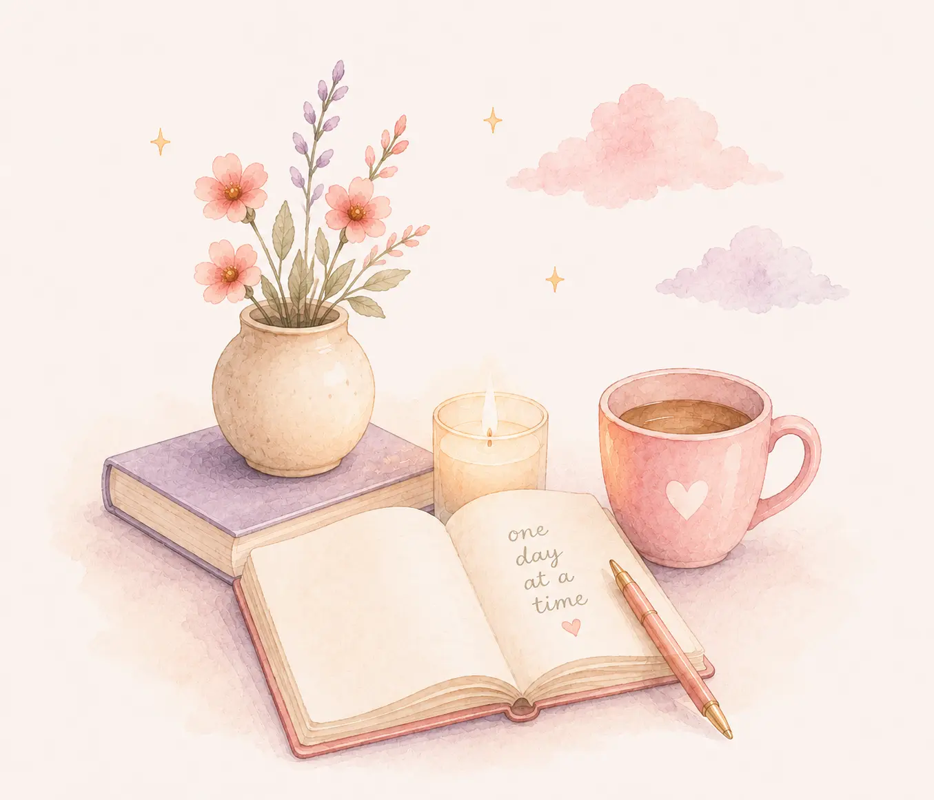Journal, candle, flowers and a cup of tea — one day at a time