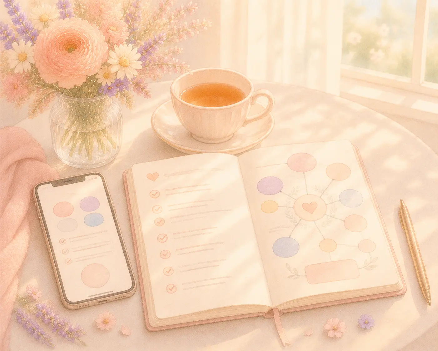 A bright phone and journal setup for taking a breakup recovery quiz