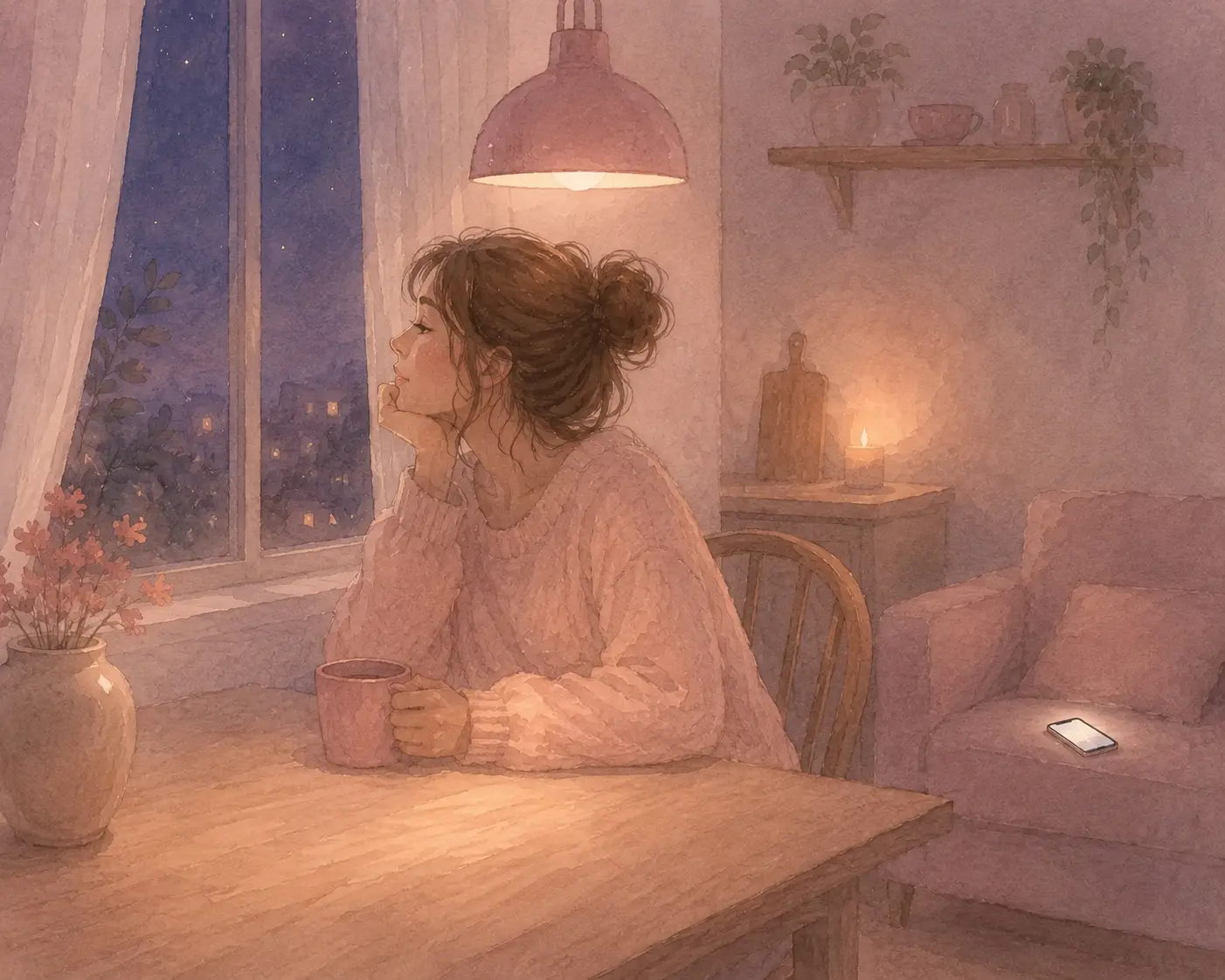 A woman sitting by a kitchen window with her phone across the room