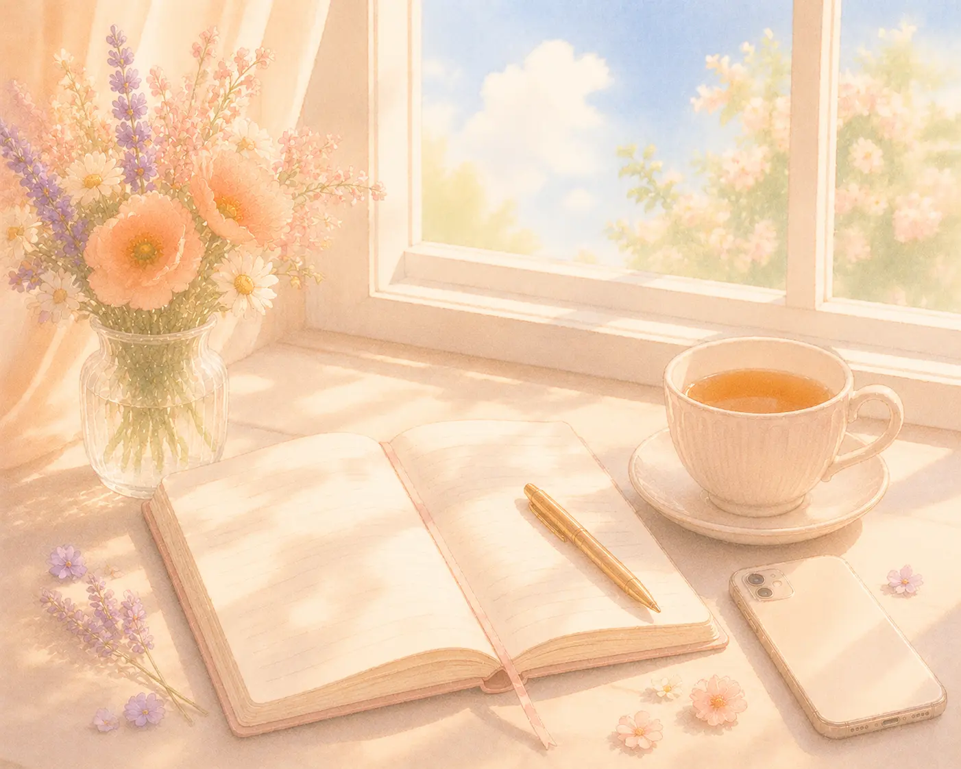 A phone placed out of reach beside tea and a journal