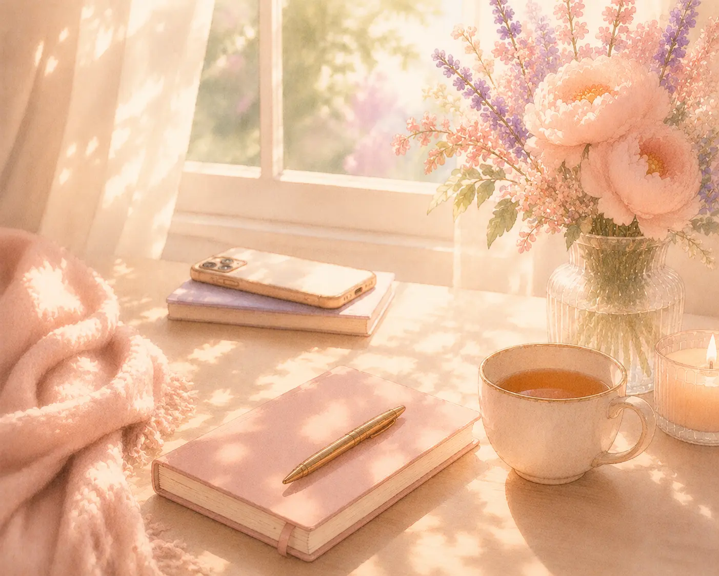 A bright window with a journal and phone set aside